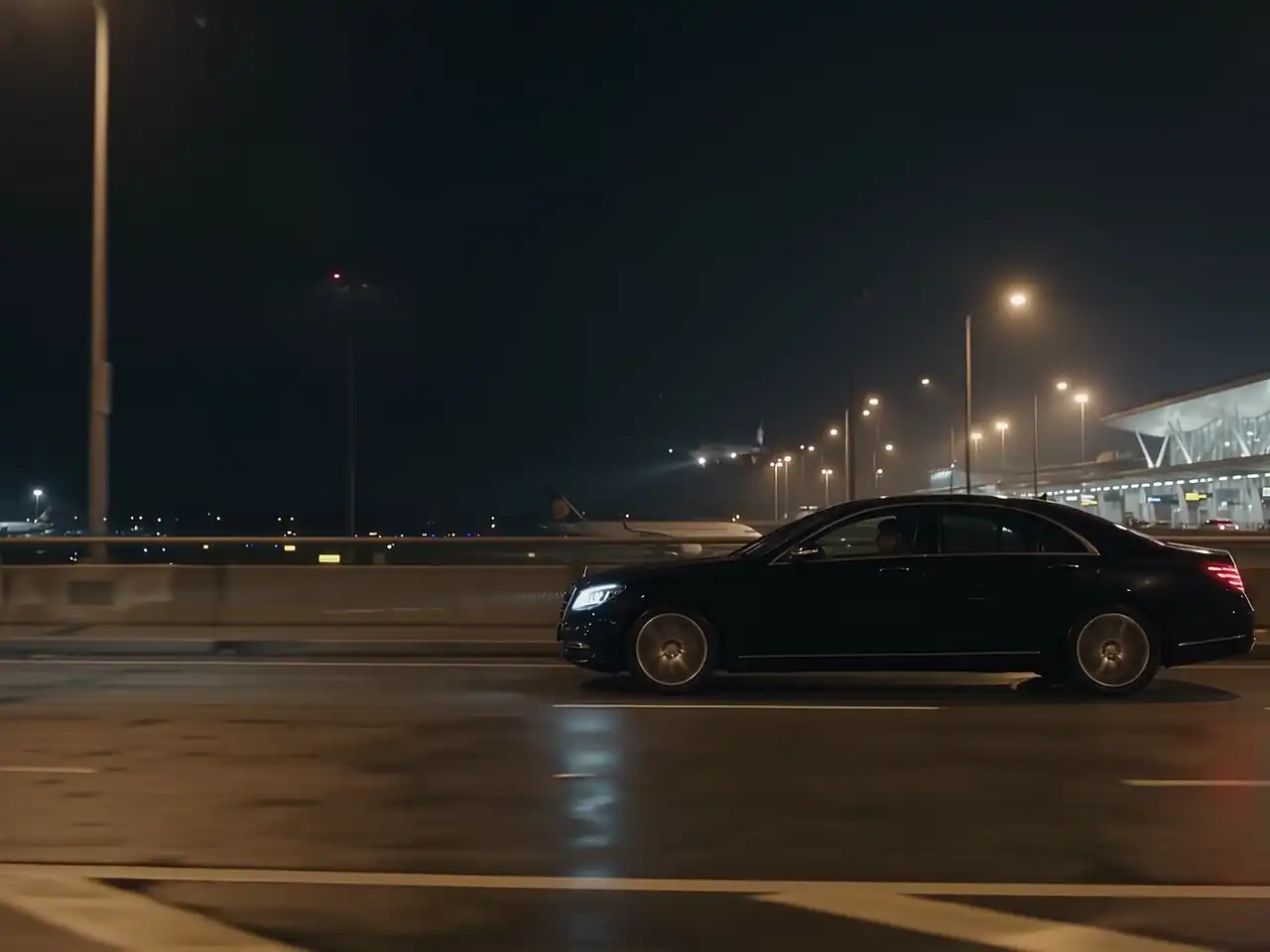 Empty approach road to Santiago International Airport at night