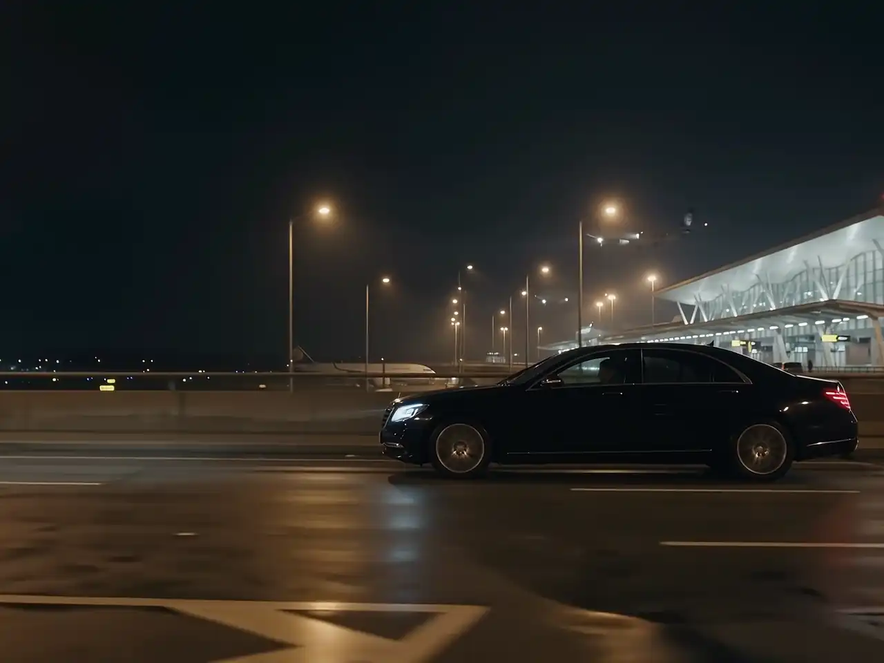 Black executive car at the Santiago International Airport terminal in the small hours